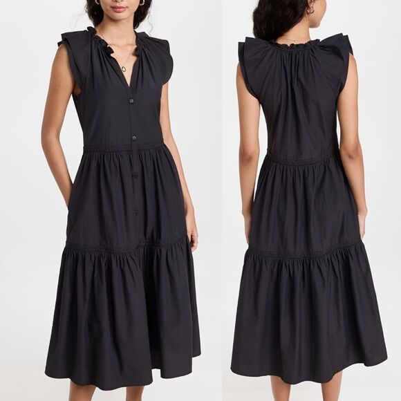 BROCHU WALKER Size XS Santorini Midi Dress Washed Black Lightweight Poplin - Picture 1 of 10